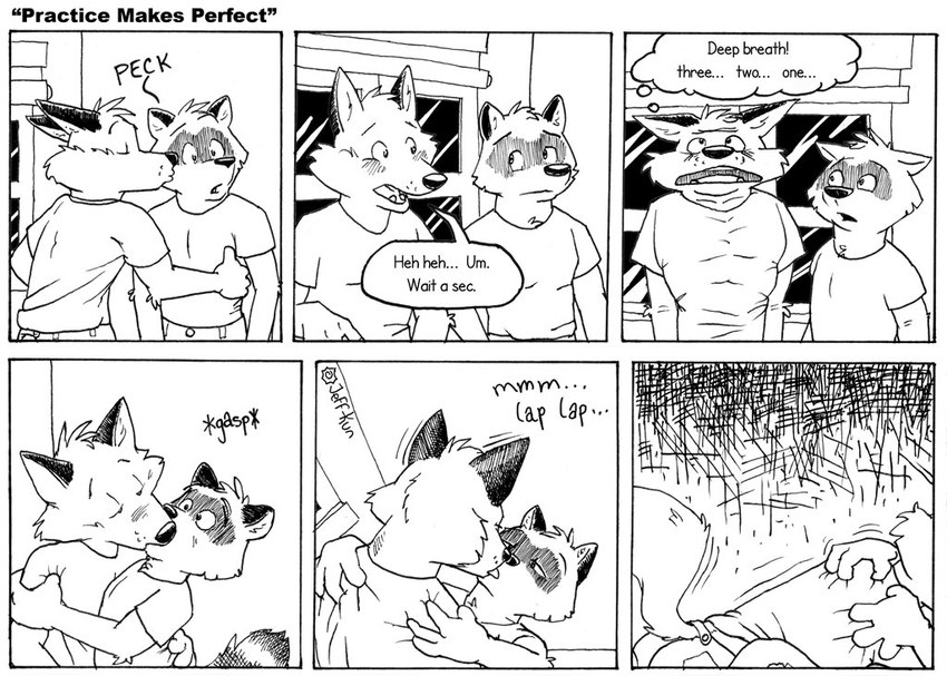 anthro blush breathing dialogue duo french_kissing fur gasp kissing making_out male male/male text leafdog closet_coon aiden_harris colin_young canid canine fox mammal procyonid raccoon 2005 comic english_text monochrome