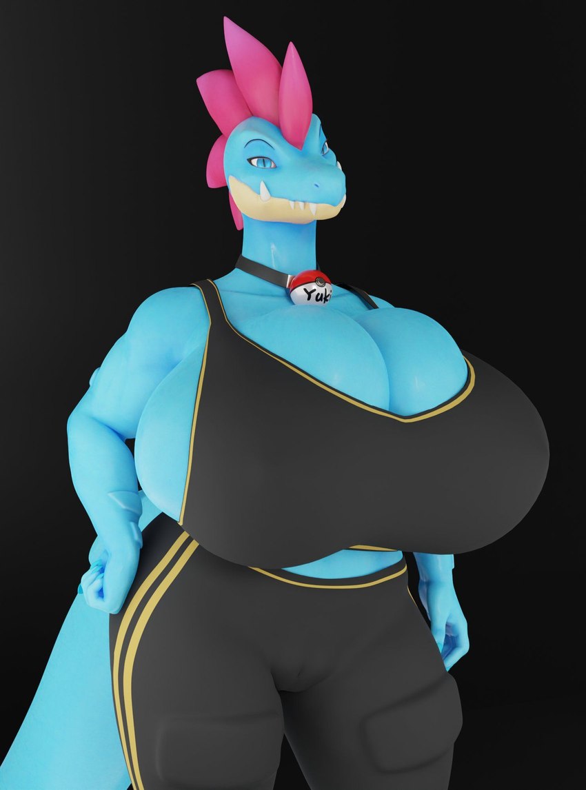 anthro anthrofied big_breasts blue_eyes bra breasts camel_toe cleavage clothed clothing female hand_on_hip huge_breasts looking_at_viewer pokemorph simple_background solo sports_bra underwear fallen_angel_(artist) nintendo pokemon yuki_(evov1) yukigatr_(evov1) feraligatr generation_2_pokemon pokemon_(species) 3d_(artwork) digital_media_(artwork) hi_res