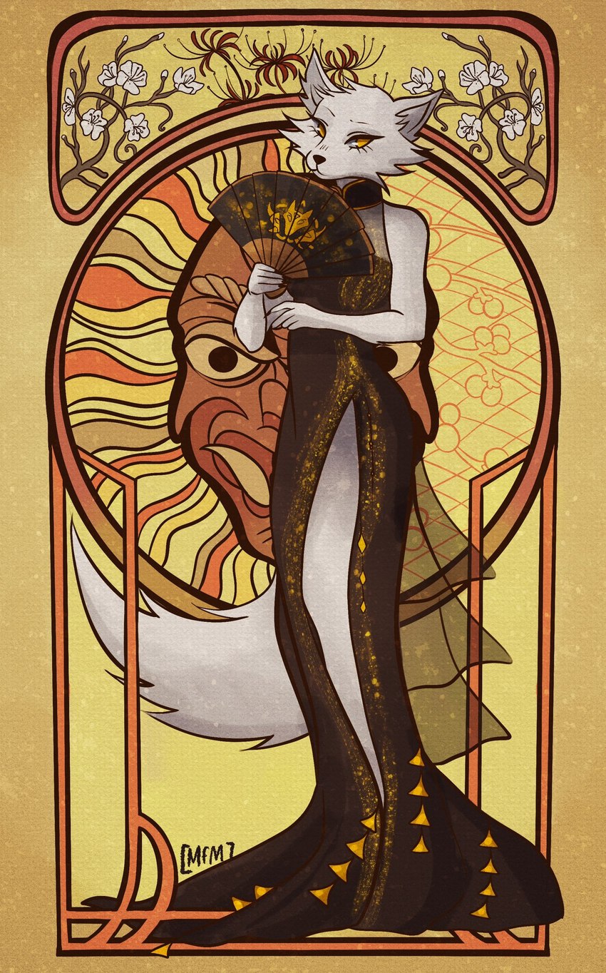 anthro art_nouveau asian_clothing black_clothing black_dress blossoms card cheek_tuft clothing dress east_asian_clothing facial_tuft female flower fluffy fluffy_tail fumeiyoshi fur japanese_clothing lily_(flower) minkai plant solo sun tail tarot tarot_card tuft white_body white_fur yellow_eyes mformultiverse pathfinder aria_serizawa canid canine fox mammal hi_res