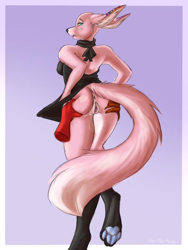 anthro anus blush bottomwear clothed clothing duo female finny fur genitals no_underwear pussy simple_background skirt solo_focus upskirt hax-the-monster canid canine fennec_fox fox mammal true_fox 2017 3:4 hi_res