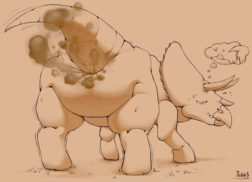 3_horns ambiguous_gender animal_genitalia beak bodily_fluids cloaca cutaway eyes_closed fart fart_cloud feces feces_pile feral genitals horizontal_cloaca horn motion_lines multi_horn pooping quadruped raised_tail rear_view shaking simple_background solo straining sweat sweatdrop tail tan_background text thought_bubble wavy_mouth jubb arthropod ceratopsian dinosaur fly_(animal) insect ornithischian prehistoric_species reptile scalie triceratops 2022 artist_name