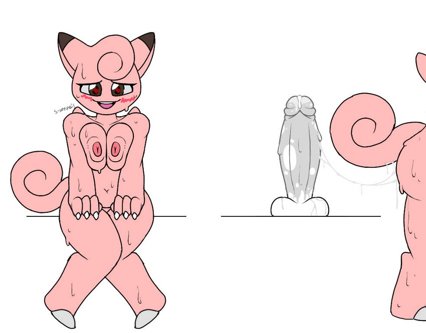 anthro anthro_penetrated big_breasts blush bodily_fluids breast_squish breasts butt claws crossed_legs dildo dildo_insertion dildo_sitting dildo_sitting_reveal dripping female female_penetrated fur genital_fluids genitals hair hands_on_legs heart_eyes heart_symbol hooves looking_at_viewer lube masturbation nipples nude nude_anthro nude_female open_mouth penetration pink_body pink_fur pink_hair sex_toy sex_toy_insertion simple_background sitting smile solo squish sweat sweaty_legs tail teeth text thick_thighs tongue toying_self two_panel_image vaginal_fluids wings nintendo pokemon treble_starcrush clefairy fairy generation_1_pokemon pokemon_(species) 2023 colored_sketch digital_drawing_(artwork) digital_media_(artwork) flat_colors sketch trans_(lore) trans_woman_(lore)