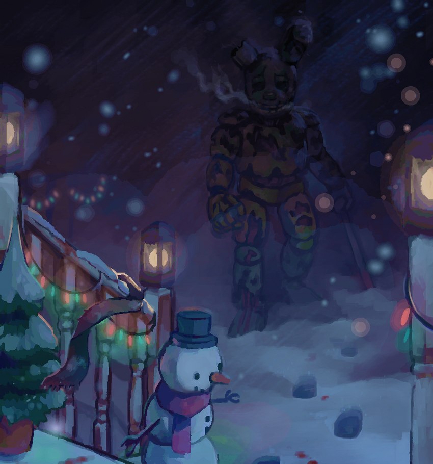 anthro barely_visible_eyes blood blood_on_ground bodily_fluids christmas_decorations christmas_lights christmas_tree corpse gore green_body holding_object holding_weapon holidays looking_at_viewer machine male outside plant snow snowflake snowing solo tree weapon skylordlysander christmas five_nights_at_freddy's five_nights_at_freddy's_3 scottgames springtrap_(fnaf) animatronic lagomorph leporid mammal rabbit robot 2022 digital_media_(artwork) digital_painting_(artwork)