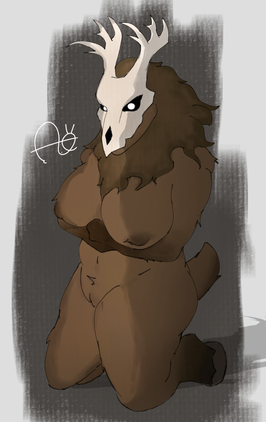 Rule 34 Dev - general:[anthro antlers areola big_breasts  big_butt bone breasts brown_body brown_fur brown_nipples butt  female fur genitals holding_breast hooves horn huge_breasts  kneeling nipples nude ...