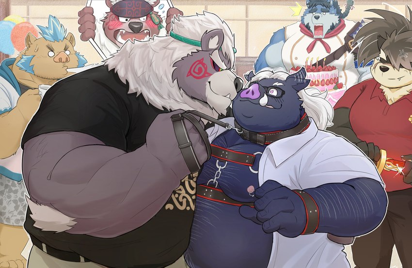 anthro belly body_hair chest_hair group kissing male male/male musclegut muscular nipples overweight pecs split_personality freakinglargeoof anothereidos_of_dragon_vein_r lifewonders tokyo_afterschool_summoners ganglie_(tas) kimun_kamui_(tas) robin_(anothereidos_r) shino_(tas) snoboar_(character) wen_kamui_(tas) bear canid canine canis domestic_dog mammal suid suine sus_(pig) wild_boar absurd_res hi_res