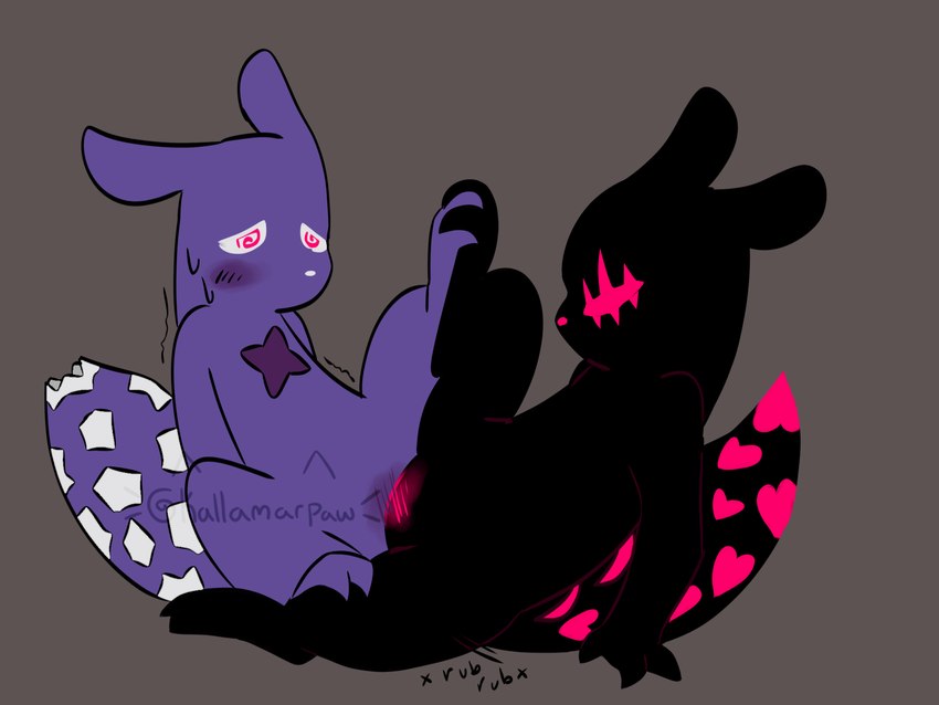 black_body black_skin black_tail blush blush_lines bodily_fluids chest_scar crotch_blush duo ears_back entwined_toes eye_scar facial_scar feet feral grinding hands_behind_back holding_feet hypnosis mind_control motion_lines null null_stimulation paw_to_paw pink_eyes pivoted_ears purple_body purple_skin purple_tail questionable_consent scar shaking spiral_eyes sweat tail tail_holes toes white_eyes kallamarpaw rain_world videocult spearmaster_(rain_world) the_anomaly_(kallamarpaw) slugcat 4:3 hi_res