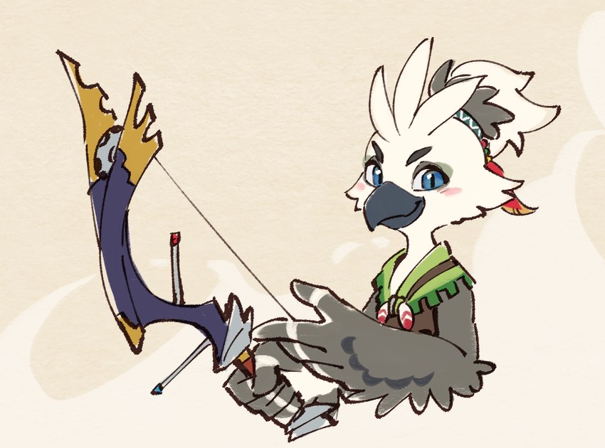 adolescent anthro beak blue_eyes blush blush_stickers bow_(weapon) clothed clothing feather_hands feather_markings feather_tuft feathered_wings feathers fingers great_eagle_bow grey_beak hair holding_bow_(weapon) holding_object holding_ranged_weapon holding_weapon looking_at_viewer male markings multicolored_body multicolored_feathers ponytail pupils ranged_weapon shirt simple_background slit_pupils smile solo topwear tuft weapon white_body white_feathers winged_arms wings young young_anthro young_male ningukt nintendo tears_of_the_kingdom the_legend_of_zelda tulin_(tloz) avian bird rito 2023 2024 bust_portrait digital_media_(artwork) portrait