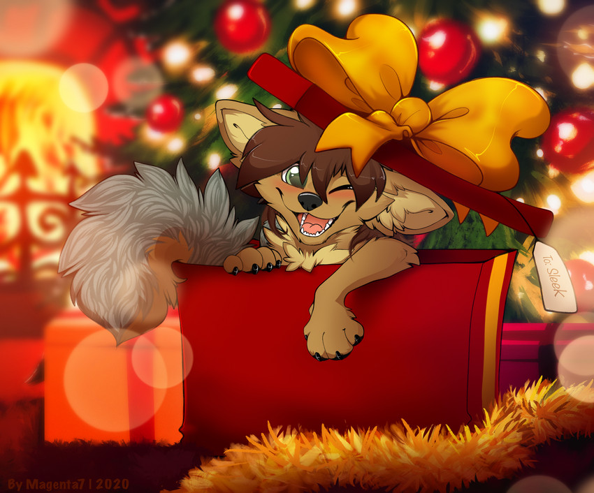 box brown_body brown_fur brown_hair container fur gift green_eyes hair holidays inner_ear_fluff male solo tuft magenta7 christmas meani canid canine canis corsac_fox fox mammal true_fox wolf digital_media_(artwork) hi_res shaded