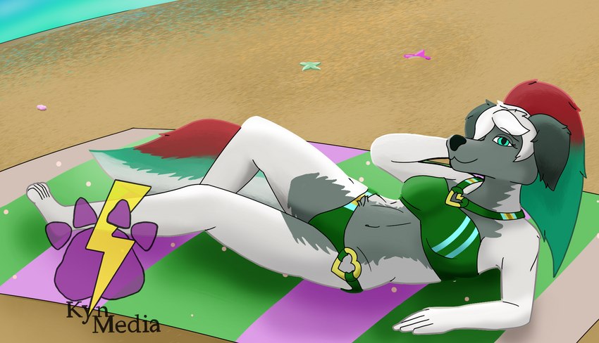 anthro beach beach_towel bikini bikini_bottom bikini_top clothing dyed_fur female fur grey_body grey_fur posing_for_picture seaside solo swimwear towel two-piece_swimsuit white_body white_fur kynmedia nintendo pokemon yenlei_haoharra furfrou generation_6_pokemon pokemon_(species) hi_res