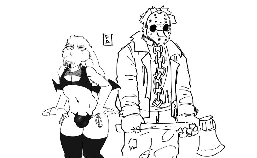 anthro axe bodily_fluids clothed clothing cosplay duo femboy floppy_ears hockey_mask male mask melee_weapon navel skimpy sports_mask sportswear square_crossover standing sweat thong underwear weapon goonie-san friday_the_13th_(series) goon_(goonie_san) jason_voorhees canid canine canis domestic_dog lagomorph leporid mammal rabbit hi_res monochrome