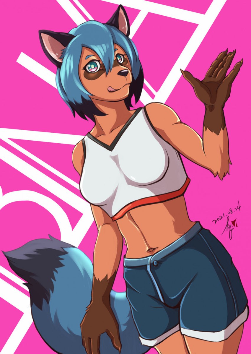 5_fingers anthro black_nose blue_eyes blue_hair bottomwear breasts brown_body brown_fur claws clothed clothing facial_markings female finger_claws fingers fur gloves_(marking) hair head_markings humanoid_hands licking licking_lips looking_at_viewer markings mask_(marking) midriff navel shirt shorts solo tank_top tongue tongue_out topwear baroque_(artist) brand_new_animal studio_trigger michiru_kagemori canid canine mammal raccoon_dog tanuki 2021 digital_media_(artwork) hi_res signature