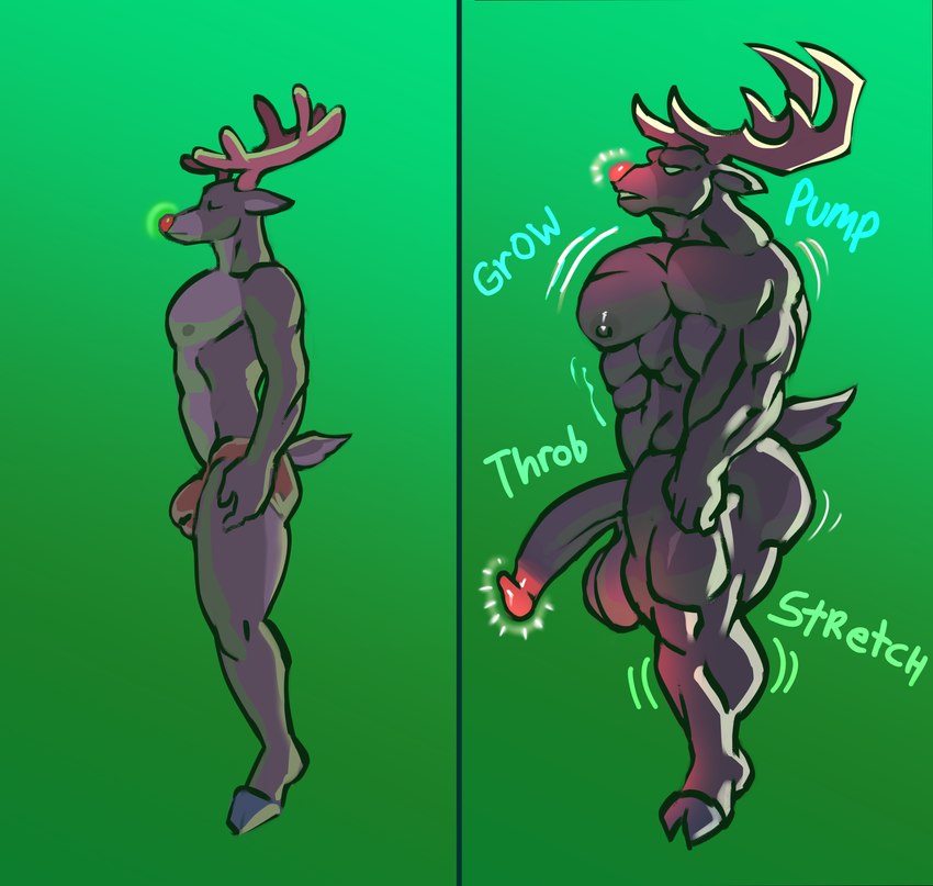 anthro antlers before_and_after big_penis bound clothing encasement eyes_closed floating genitals glowing glowing_genitalia glowing_nose glowing_penis green_background growth growth_lines growth_sequence holidays hooves horn male muscle_growth muscle_size_difference muscular onomatopoeia penis pupils scut_tail short_tail simple_background solo sound_effects stasis_chamber stasis_tank tail text time_skip transformation two_panel_image underwear vat white_pupils tiburalgo christmas rudolph_the_red-nosed_reindeer deer humanoid mammal new_world_deer reindeer absurd_res digital_media_(artwork) hi_res