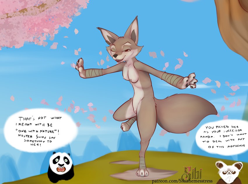 3_toes 4_fingers anthro arm_tuft balancing bandage bandaged_arm bandaged_leg big_tail black_body black_fur black_nose breasts casual_nudity cherry_blossom cherry_blossom_tree cherry_tree chest_tuft claws clothed clothed/nude clothed_anthro clothed_male clothing collarbone countershade_crotch countershade_face countershade_genitalia countershade_neck countershade_pussy countershade_torso countershading dialogue digitigrade ear_piercing ear_tuft feet female finger_claws fingers flower fluffy fluffy_tail fruit_tree fur genitals green_eyes group head_tuft hill hindpaw hip_tuft humor kung_fu logo narrowed_eyes nipples nude nude_anthro nude_female on_one_leg one_eye_closed only_one_nude open_mouth open_smile orange_eyes outdoor_nudity outside pawpads paws piercing pink_nipples plant prunus_(flower) pubic_mound public public_indecency public_nudity pussy shoulder_tuft sky slim small_breasts smile snout speech_bubble sports_tape standing tail tail_tuft tan_body tan_fur teeth text toe_claws toes training tree trio tuft white_body white_countershading white_fur sibi_the_messtress dreamworks kung_fu_panda master_po_ping master_shifu zhen_(kung_fu_panda) ailurid bear canid canine corsac_fox fox giant_panda mammal red_panda true_fox 2024 absurd_res artist_logo english_text hi_res url