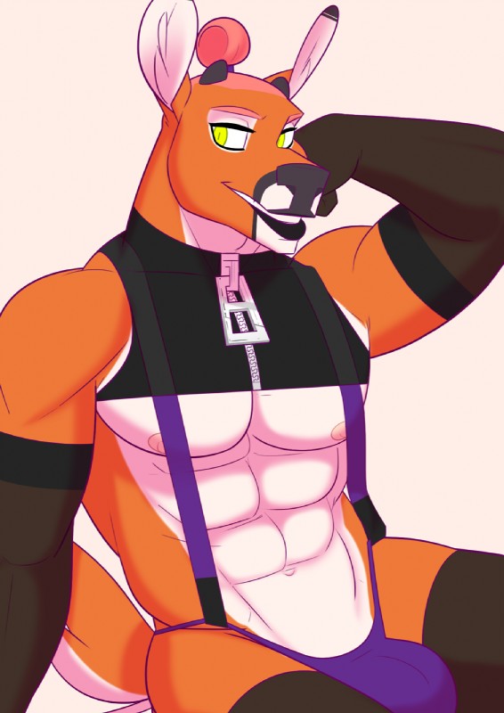 anthro armwear black_lipstick bulge clothing elbow_gloves gloves handwear lipstick makeup male muscular muscular_male nipples solo suspenders thong topknot underwear zipper zipper_topwear creaturecorp james_(creaturecorp) deer mammal hi_res