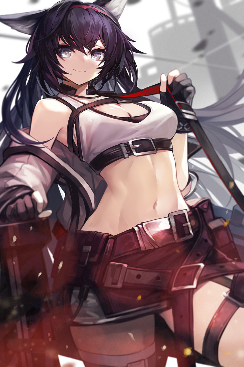 belt black_hair bottomwear breasts clothed clothing female fully_clothed hair long_hair looking_at_viewer low-angle_view navel skirt smile solo goomrrat arknights hypergryph studio_montagne blaze_(arknights) animal_humanoid felid felid_humanoid humanoid mammal mammal_humanoid 2020 hi_res