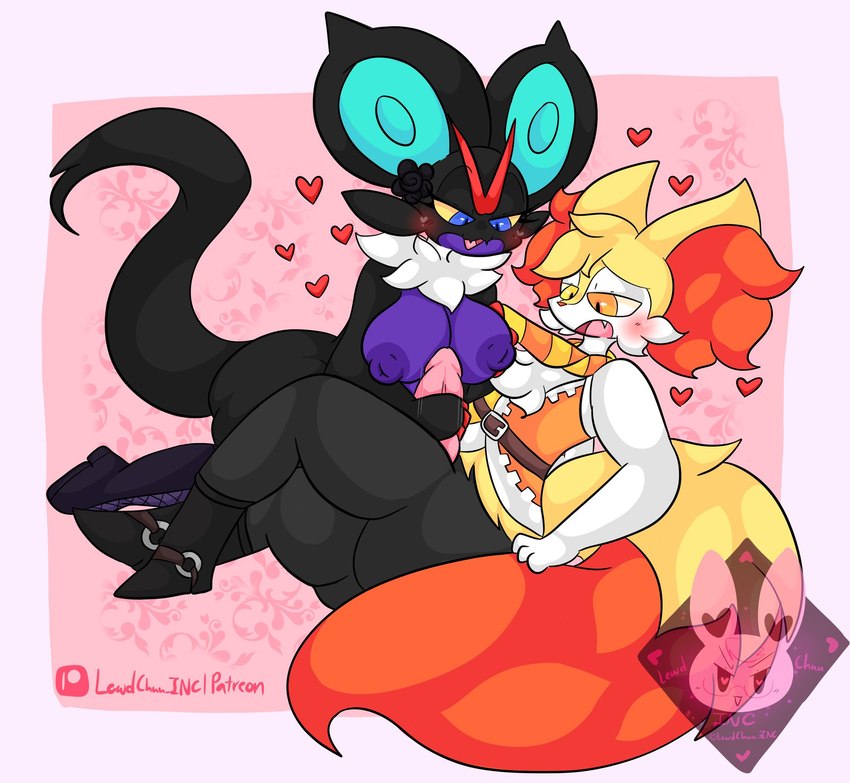 anthro black_body blue_eyes breasts duo female genitals heart_symbol heterochromia male male/female masturbation orange_eyes penis yellow_body yellow_eyes lewdchuu_(artist) nintendo pokemon braixen generation_6_pokemon noivern pokemon_(species) hi_res