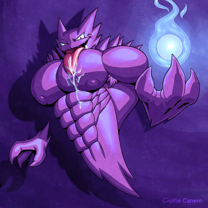 abs anthro anthrofied bodily_fluids claws looking_at_viewer male muscular muscular_anthro muscular_male nipples pecs pokemorph saliva solo tongue tongue_out wolfiecanem nintendo pokemon generation_1_pokemon ghost haunter pokemon_(species) spirit 1:1 hi_res