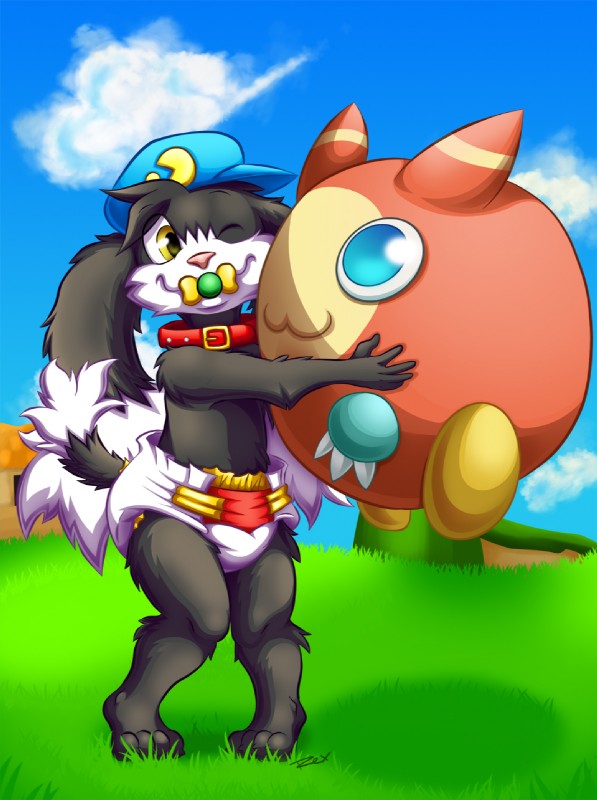 anthro baby clean_diaper clothed clothing collar day diaper grass outside oversized_collar pacifier plant plushie smile solo topless wearing_diaper young young_anthro rexam-1 bandai_namco klonoa_(series) klonoa domestic_cat felid feline felis mammal hi_res