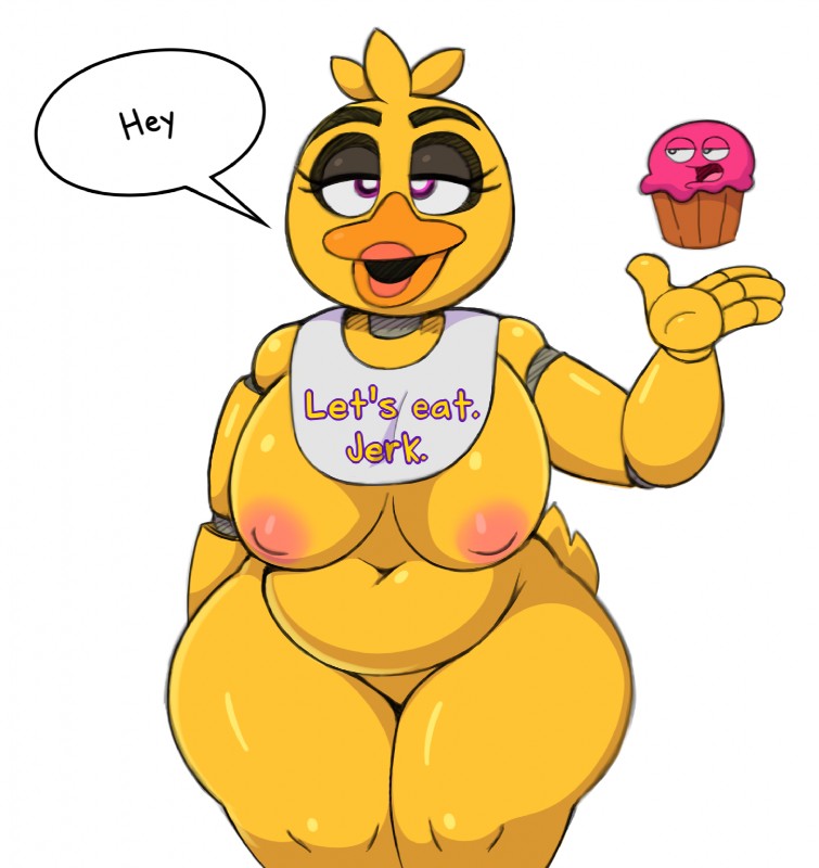 anthro apron beak beakstick bedroom_eyes belly big_breasts breasts clothing curvy_figure deep_navel featureless_crotch female food furgonomics lipstick machine makeup narrowed_eyes navel nipples non-mammal_breasts non-mammal_nipples overweight overweight_anthro overweight_female purple_eyes seductive simple_background solo text thick_thighs voluptuous wide_hips yellow_body acstlu five_nights_at_freddy's scottgames chica_(fnaf) cupcake_(fnaf) animatronic avian bird chicken galliform gallus_(genus) phasianid robot 2019 digital_media_(artwork) hi_res