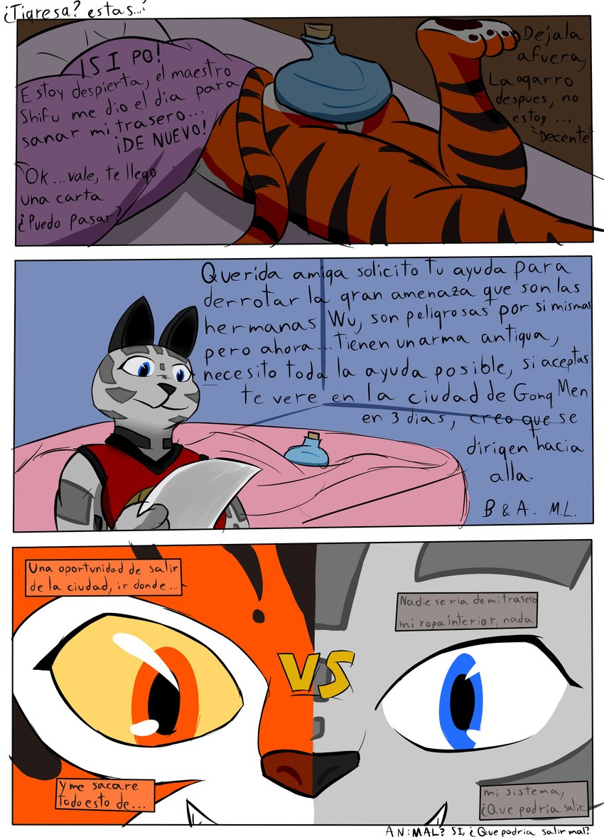 anthro bed bottomless butt clothed clothing dialogue duo female furniture icepack letter off_screen on_bed reading tail text under_covers the-killer-wc dreamworks kung_fu_panda master_po_ping master_tigress song_(kung_fu_panda) felid leopard mammal pantherine tiger absurd_res comic hi_res spanish_text translated