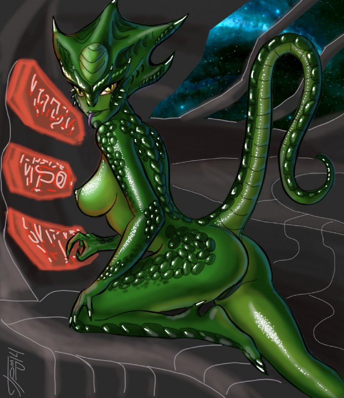 anthro breasts butt female genitals green_body green_nipples green_skin looking_at_viewer nipples purple_tongue pussy solo space tongue yellow_eyes grriva alien hi_res