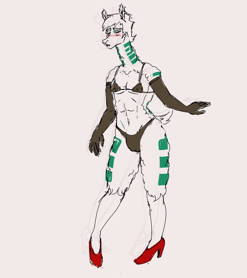 anthro clothing femboy footwear gloves handwear high_heels makeup male shoes simple_background solo underwear g_jamez alpaca camelid humanoid mammal absurd_res hi_res sketch