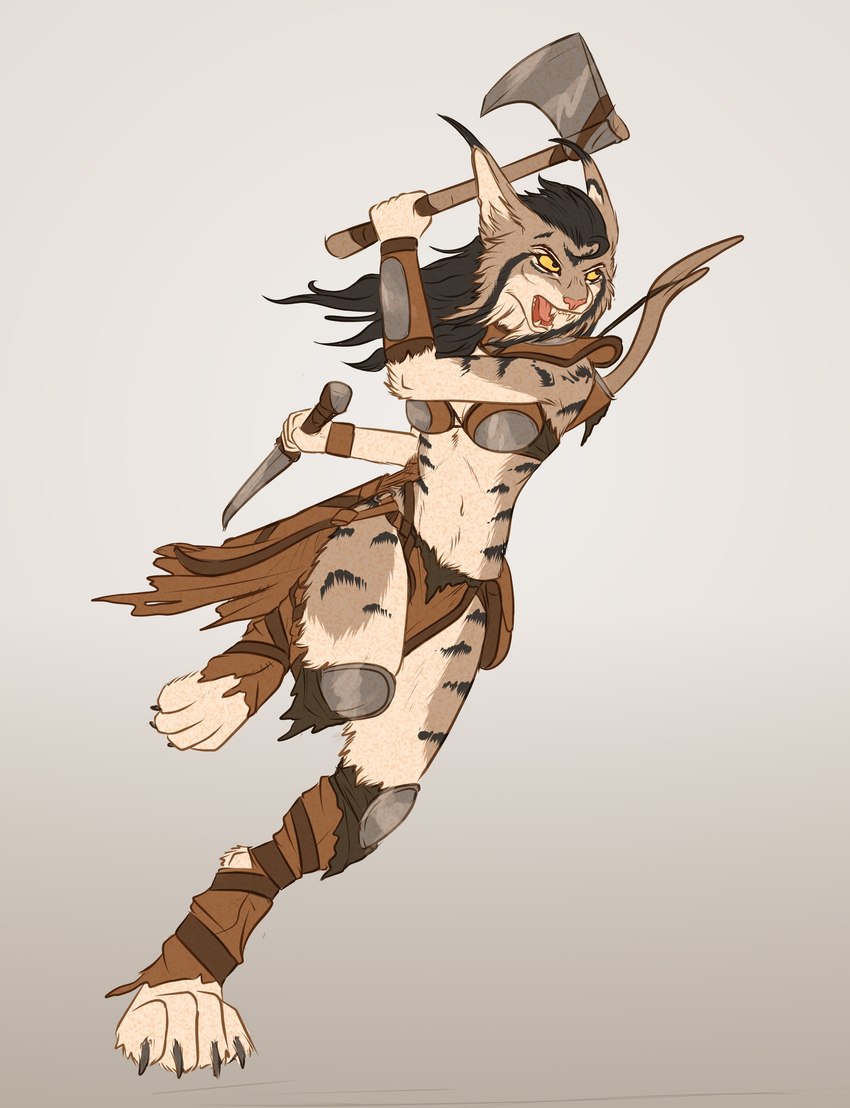 anthro axe black_ear_tips black_hair bottomwear bow_(weapon) brown_clothing claws clothing digitigrade dipstick_ears ear_markings female grey_background grey_claws hair knife loincloth multicolored_ears open_mouth pink_nose pink_tongue ranged_weapon simple_background solo toe_claws tongue weapon yellow_sclera spectronic mira_(spectronic) felid feline lynx mammal absurd_res digital_drawing_(artwork) digital_media_(artwork) hi_res