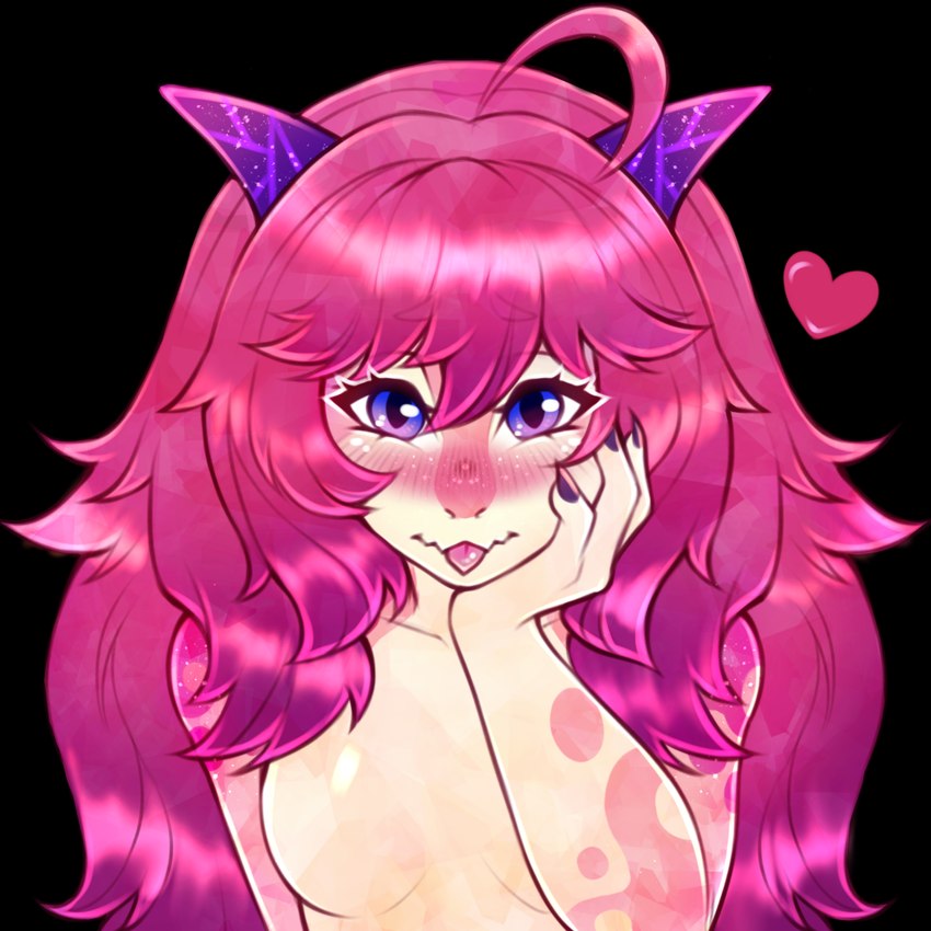 ahoge anthro bangs blue_eyes blush breasts claws eyebrow_through_hair eyebrows eyelashes featureless_breasts female finger_claws hair hand_on_own_face heart_symbol horn long_hair looking_at_viewer multicolored_eyes non-mammal_breasts pink_body pink_hair pink_scales pink_tongue purple_eyes scales simple_background small_breasts solo tan_body tan_scales tongue tongue_out translucent translucent_hair transparent_background two_tone_eyes onomari roseanne_shard kobold scalie 1:1 2024 alpha_channel bust_portrait digital_media_(artwork) hi_res portrait shaded