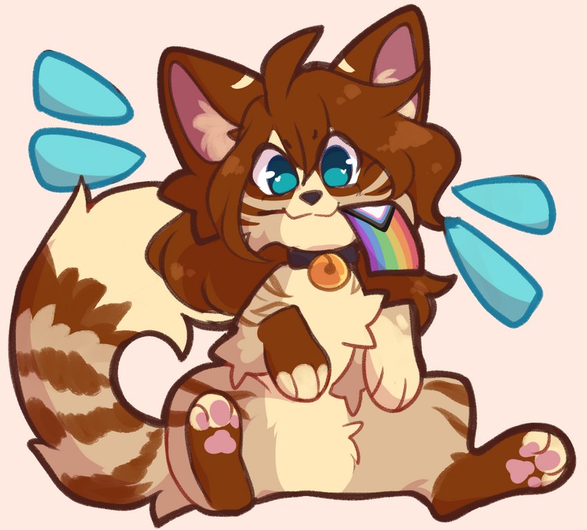 ambiguous_gender bell bell_collar belly blue_eyes brown_hair brown_nose brown_tail collar collar_only feet fingerless_(marking) fur hair inner_ear_fluff lgbt_pride long_hair looking_at_viewer markings mouth_hold nude pawpads paws pink_pawpads pride_color_flag pride_colors progress_pride_colors rainbow_pride_colors semi-anthro simple_background smile solo striped_body striped_fur striped_markings striped_tail stripes tail tail_markings tan_belly tan_chest tan_inner_ear tan_tail toeless_(marking) tuft lunariumn suti_pride domestic_cat felid feline felis hybrid maine_coon mammal procyonid raccoon digital_media_(artwork) hi_res