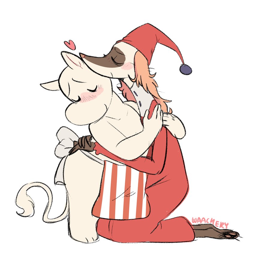 anthro apron blush clothing duo eyes_closed female female/female hat headgear headwear heart_symbol hug nightcap nightgown red_nightgown smile waackery the_moomins moominmamma mrs._fillyjonk fillyjonk moomin hi_res