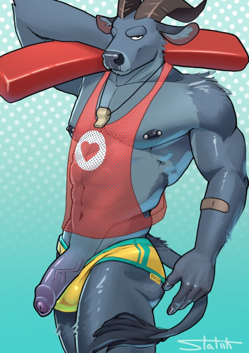 anthro athletic athletic_anthro athletic_male athletic_wear ball_bulge balls_bulge balls_outline band-aid band-aid_on_arm bandage big_penis biped blue_body blue_fur bottomwear bulge butt clothed clothing clothing_aside detailed_bulge fishnet_clothing flotation_device foreskin fur genital_outline genitals glans glistening glistening_body glistening_clothing glistening_genitalia glistening_skin half-erect horn humanoid_genitalia humanoid_penis lifeguard looking_at_viewer male mesh_top muscular muscular_anthro muscular_arms muscular_male nipple_piercing nipples partially_clothed partially_retracted_foreskin pecs penis piercing solo speedo swimwear tail tail_tuft tight_bottomwear tight_clothing tuft underwear underwear_aside vein veiny_penis wet wet_body wet_clothing whistle_(object) whistle_around_neck statiik_(artist) bovid bovine mammal hi_res