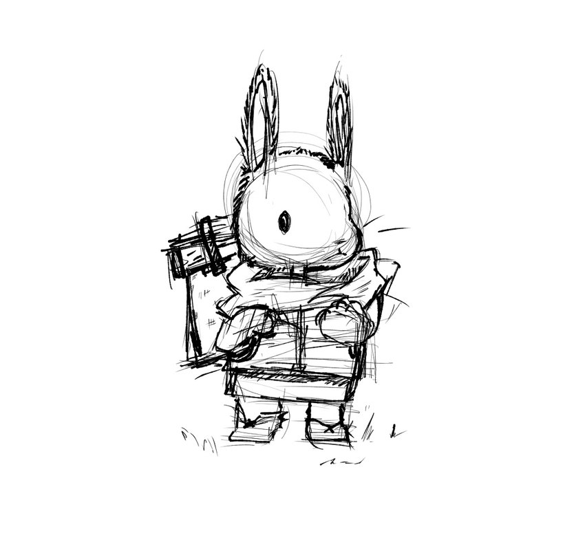 ambiguous_gender anthro biped black_eyes clothed clothing fur grass mouth_closed plant simple_background solo standing whiskers white_background sawlamander lagomorph leporid mammal rabbit 2024 black_and_white digital_media_(artwork) monochrome sketch