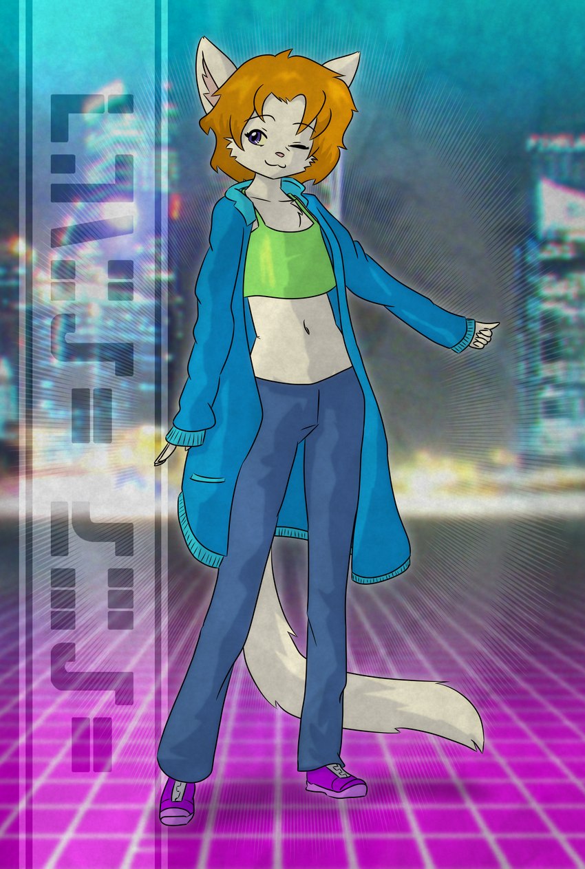 anthro bottomwear clothing denim denim_bottomwear denim_clothing female flat_chested footwear fur hair jacket jeans midriff oversized_clothing pants shirt shoes smile sneakers solo standing tail tank_top text topwear kawaoneechan farrah_furcett felid felin mammal 2023 digital_media_(artwork) hi_res