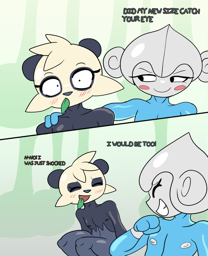 anthro black_body blue_body blush dialogue duo femboy forest laugh leaf leaf_in_mouth male nipples nude pan_(token_taker) plant sitting smile teasing text tree token_taker nintendo pokemon cham_(token_taker) generation_3_pokemon generation_6_pokemon meditite pancham pokemon_(species) comic english_text hi_res