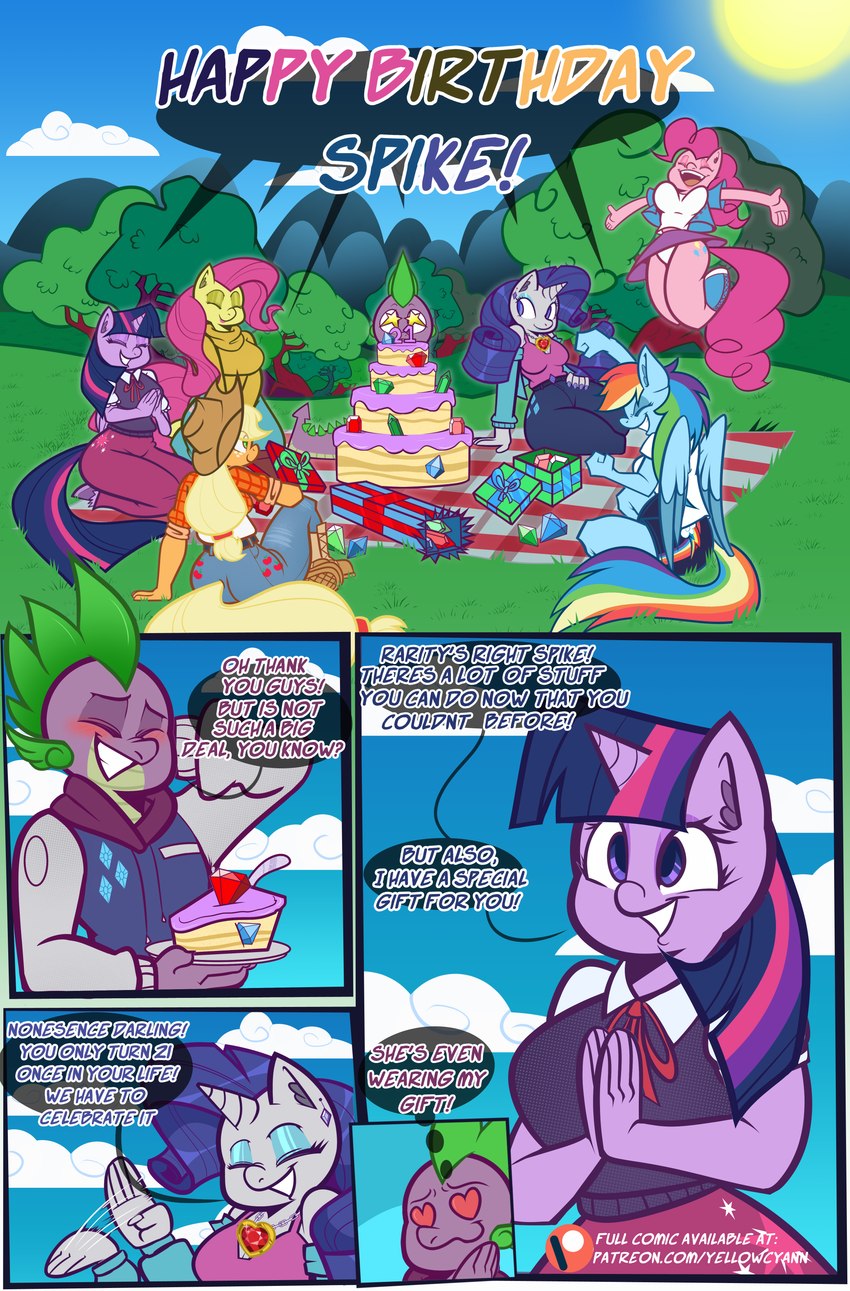 anthro dialogue female group horn male party text wings yellowcyann friendship_is_magic hasbro my_little_pony mythology applejack_(mlp) fluttershy_(mlp) pinkie_pie_(mlp) rainbow_dash_(mlp) rarity_(mlp) spike_(mlp) twilight_sparkle_(mlp) dragon equid equine horse mammal mythological_creature mythological_equine mythological_scalie pegasus pony scalie unicorn absurd_res comic english_text hi_res