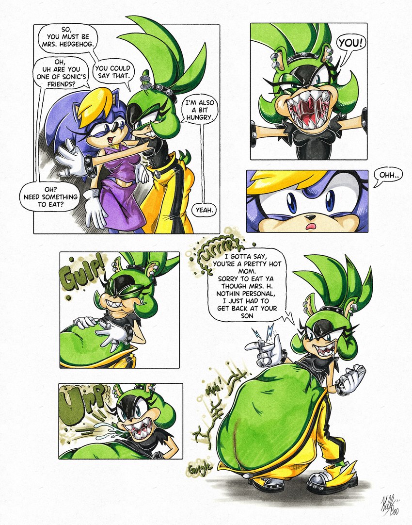 anthro belly big_belly burping dialogue duo female female/female female_pred oral_vore same_size_vore speech_bubble text vore killboo archie_comics idw_publishing sega sonic_the_hedgehog_(archie) sonic_the_hedgehog_(comics) sonic_the_hedgehog_(idw) sonic_the_hedgehog_(series) bernadette_hedgehog surge_the_tenrec afrosoricid eulipotyphlan hedgehog mammal tenrec 2023 comic digital_media_(artwork) english_text hi_res signature