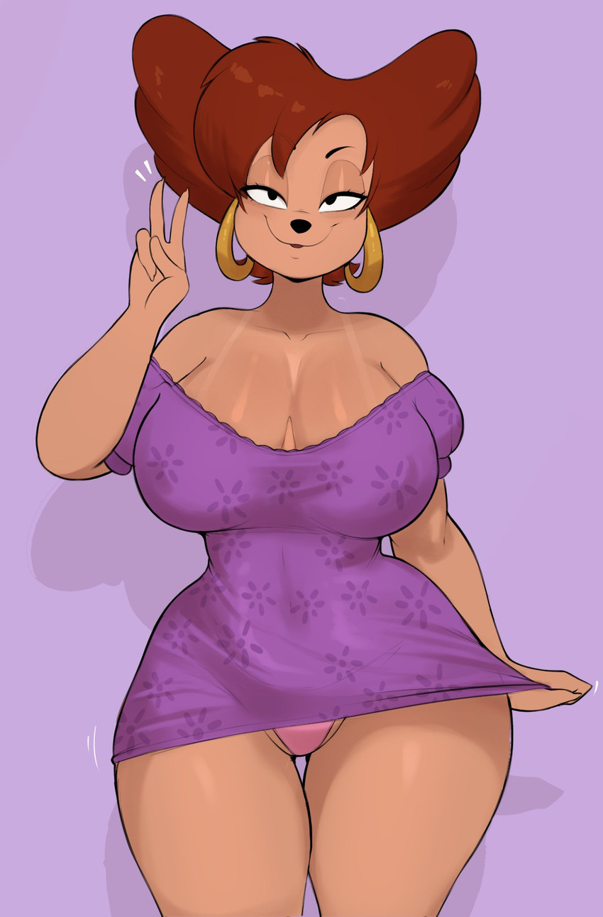 anthro bangs big_breasts biped breasts brown_hair cleavage clothed clothing dress ear_piercing ear_ring female female_anthro front_view gesture glistening glistening_body hair hand_gesture looking_at_viewer mature_anthro mature_female navel navel_outline panties piercing pink_clothing pose purple_clothing ring_piercing simple_background solo suntan tan_line thick_thighs underwear v_sign wide_hipped_anthro wide_hipped_female usnarbit disney goof_troop peg_pete animal_humanoid cat_humanoid felid felid_humanoid feline feline_humanoid humanoid mammal mammal_humanoid colored digital_drawing_(artwork) digital_media_(artwork) hi_res shaded