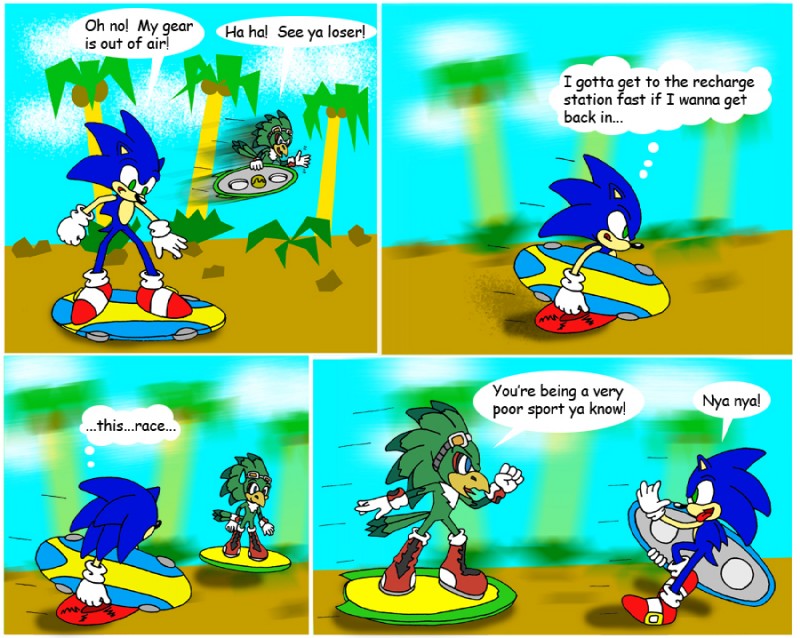 anthro beak bleh blue_body blue_eyes clothing dialogue duo extreme_gear footwear gloves green_body green_eyes handwear humor male plant running shoes taunting teasing text tongue tongue_out tree wood wakeangel2001 sega sonic_riders sonic_the_hedgehog_(series) jet_the_hawk sonic_the_hedgehog accipitrid accipitriform avian bird eulipotyphlan hedgehog mammal comic english_text