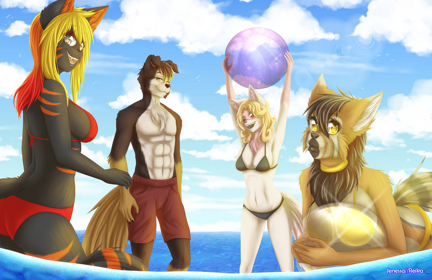 anthro bikini bikini_bottom bikini_top breasts clothing female grey_eyes group group_photo male red_eyes sea summer swimwear two-piece_swimsuit water yellow_eyes jenessa dorothy_bellsong hato_the_collie jezzle mika_the_cat border_collie canid canine canis collie domestic_cat domestic_dog felid feline felis herding_dog husky mammal nordic_sled_dog pastoral_dog sheepdog spitz absurd_res hi_res