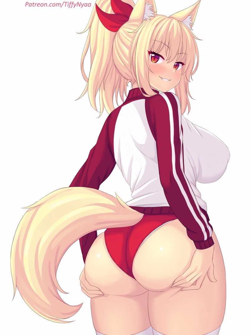 accessory blonde_hair bow_ribbon clothed clothing eyebrow_through_hair eyebrows eyelashes female hair hair_accessory hair_bow hair_ribbon hand_on_butt hand_on_own_butt inner_ear_fluff legwear long_hair looking_at_viewer looking_back looking_back_at_viewer panties ponytail pupils red_clothing red_eyes red_panties red_underwear ribbons simple_background slit_pupils smile smiling_at_viewer solo sportswear tail text translucent translucent_hair tuft underwear white_background white_clothing white_legwear yellow_tail fastrunner2024 tiffy_(fastrunner2024) animal_humanoid felid felid_humanoid humanoid mammal mammal_humanoid 2024 3:4 digital_media_(artwork) hi_res portrait three-quarter_portrait url