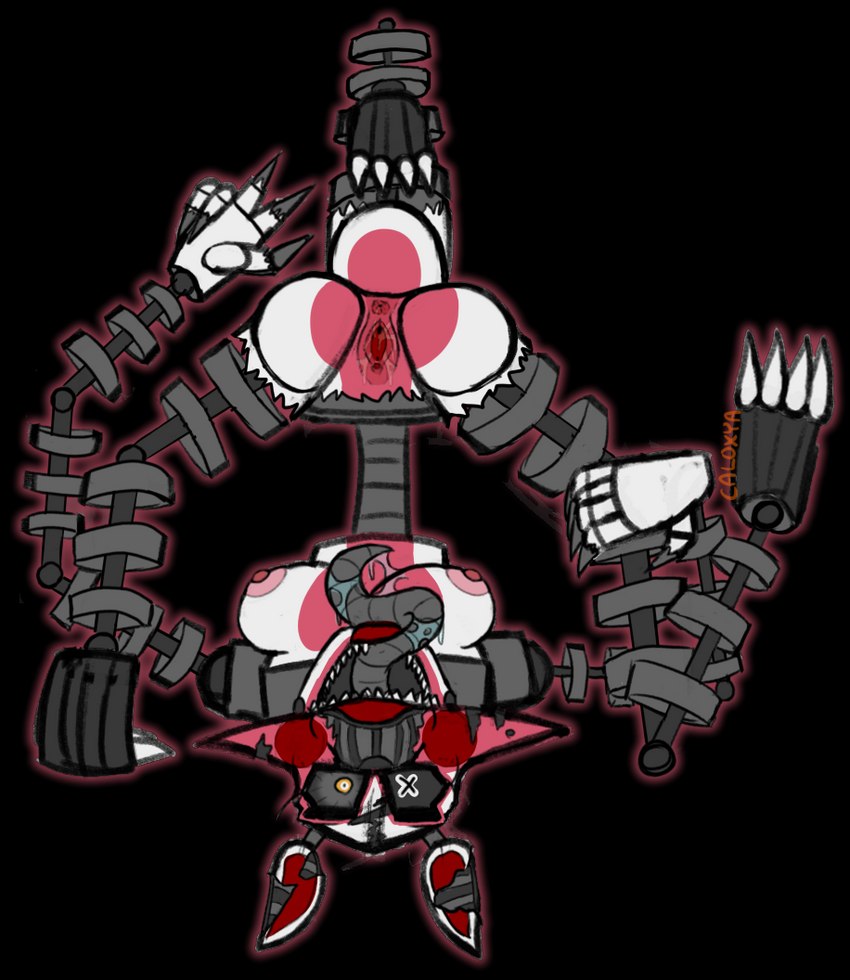 3_feet 3_legs anthro anus bodily_fluids breasts butt endoskeleton female fingers genital_fluids genitals long_tongue looking_at_viewer machine multi_leg multi_limb presenting presenting_pussy pussy saliva saliva_string solo tongue upside_down vaginal_fluids caloxya five_nights_at_freddy's five_nights_at_freddy's_4 scottgames nightmare_mangle_(fnaf) animatronic canid canine fox mammal robot 2023 alpha_channel digital_media_(artwork)