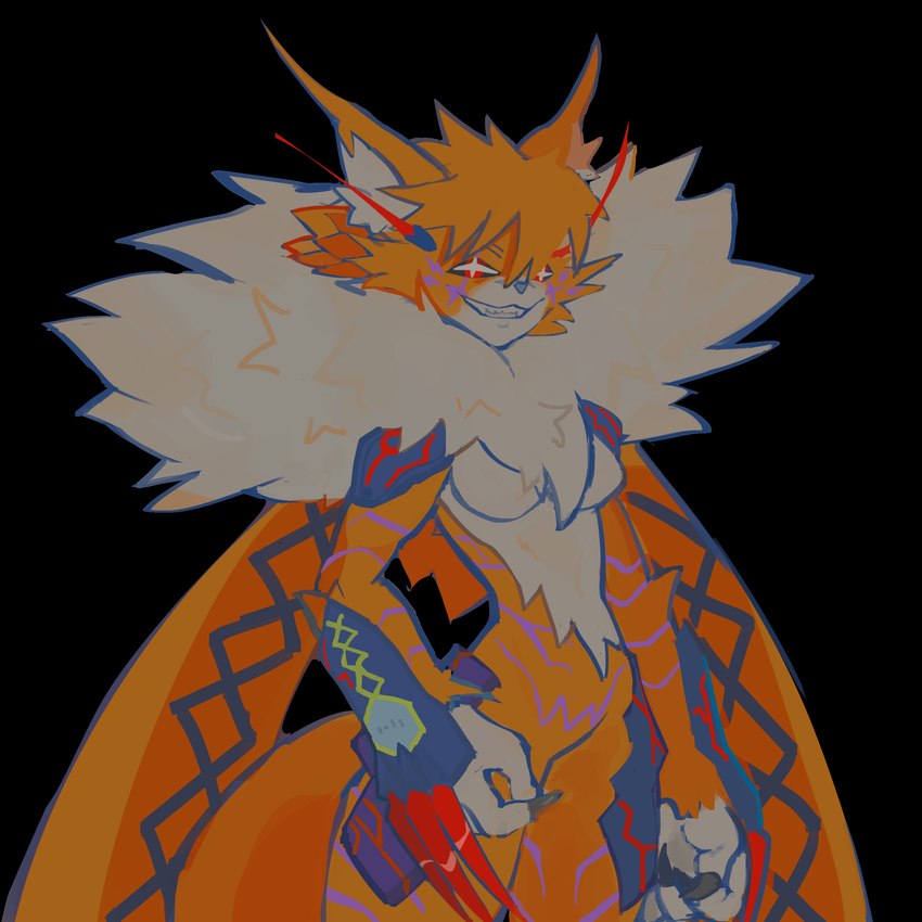 anthro armor black_markings breasts clawed_vambrace claws evil_grin facial_markings fangs featureless_breasts female fluffy fur head_markings head_tuft inner_ear_fluff markings orange_body orange_fur purple_markings red_eyes smile solo tan_body tan_fur teeth tuft vambrace weapon plutodile bandai_namco digimon digimon_(species) domestic_cat felid feline felis mammal meicrackmon_vicious_mode 1:1 absurd_res digital_media_(artwork) hi_res