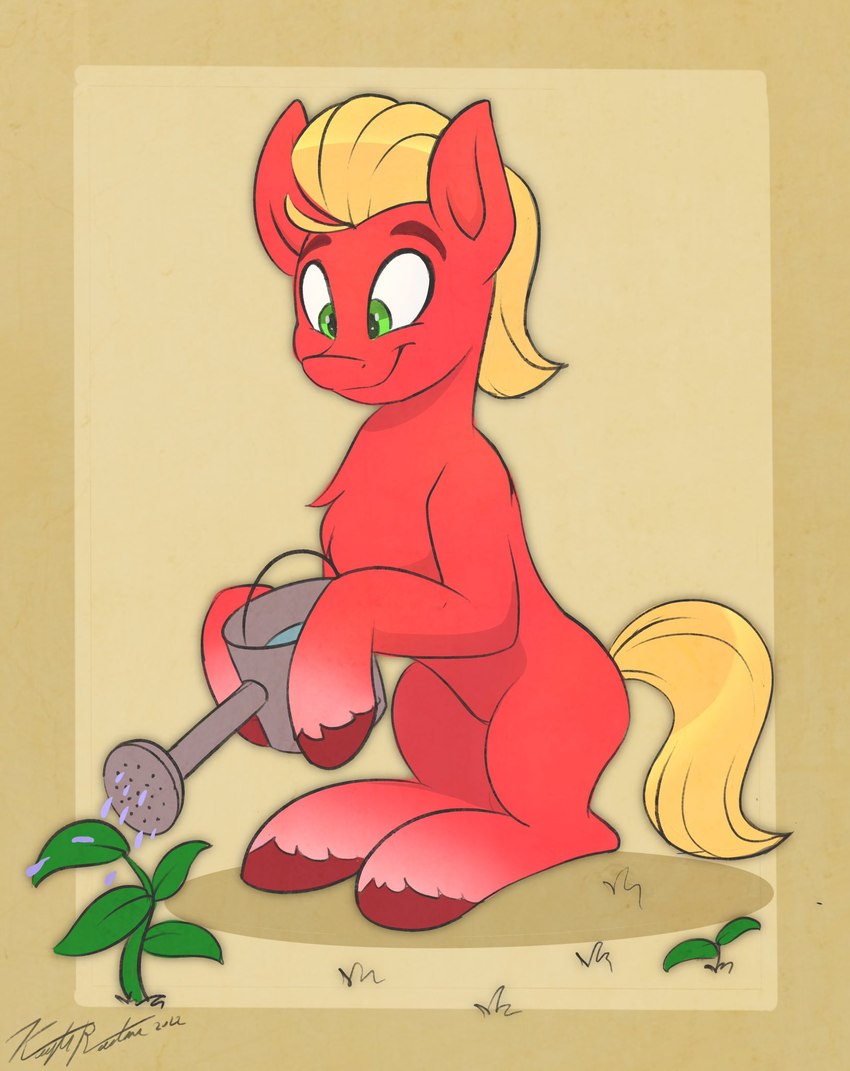 blonde_hair blonde_mane eyebrows fetlocks fur green_eyes hair holding_object hooves looking_down male mane plant red_body red_fur red_hooves sitting smile solo tail water watering_can yellow_tail kaylerustone hasbro mlp_g5 my_little_pony sprout_cloverleaf_(mlp) earth_pony equid equine horse mammal pony 2022 digital_media_(artwork) hi_res