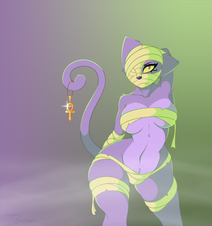 ankh anthro bandage bandaged_face big_breasts breasts clothed clothing curled_tail eyelashes female fog fur hand_behind_head mummy_costume mummy_wrappings navel pose purple_body purple_fur purple_nose red_eyes skimpy solo standing tail under_boob yellow_sclera blepwep domestic_cat felid feline felis mammal 2020 digital_media_(artwork) hi_res pinup portrait shaded three-quarter_portrait