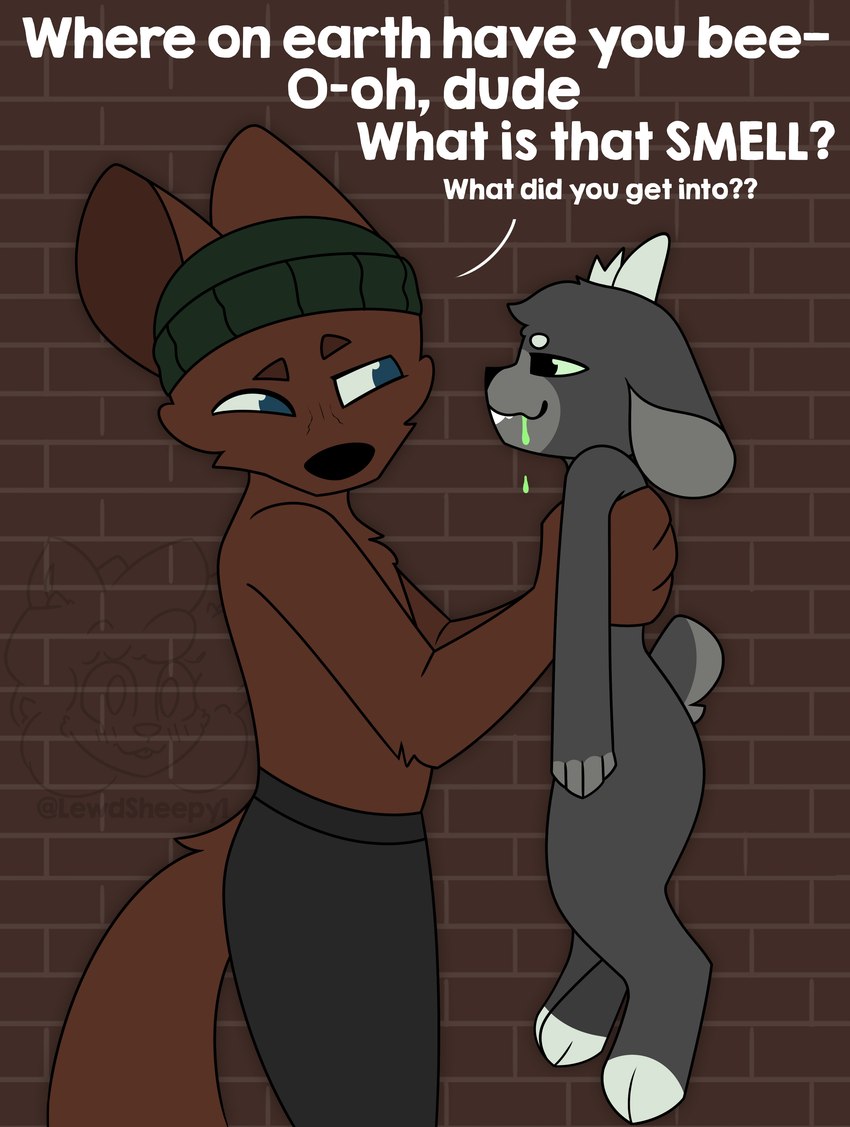 anthro beanie black_bottomwear black_clothing black_nose black_pants blue_eyes bodily_fluids bottomwear brick_background brown_body brown_eyebrows brown_fur brown_inner_ear circle_eyebrows clothed clothing colored_saliva dialogue duo ears_down eye_contact eyebrows fur green_beanie green_clothing green_hat green_headwear green_saliva grey_body grey_eyebrows grey_fur grey_hooves grey_horn grey_inner_ear hat headgear headwear hooves horn larger_male lifting_another looking_at_another male male_anthro narrowed_eyes nude pants pivoted_ears saliva scut_tail short_tail size_difference smaller_male snout tail text topless unguligrade unusual_bodily_fluids unusual_saliva white_text sleepysheepy17 macco_(sleepysheepy17) ronny_(sleepysheepy17) bovid canid canine canis caprine goat mammal wolf 2024 absurd_res adobe_photoshop_(artwork) digital_drawing_(artwork) digital_media_(artwork) english_text hi_res watermark trans_(lore) trans_man_(lore)