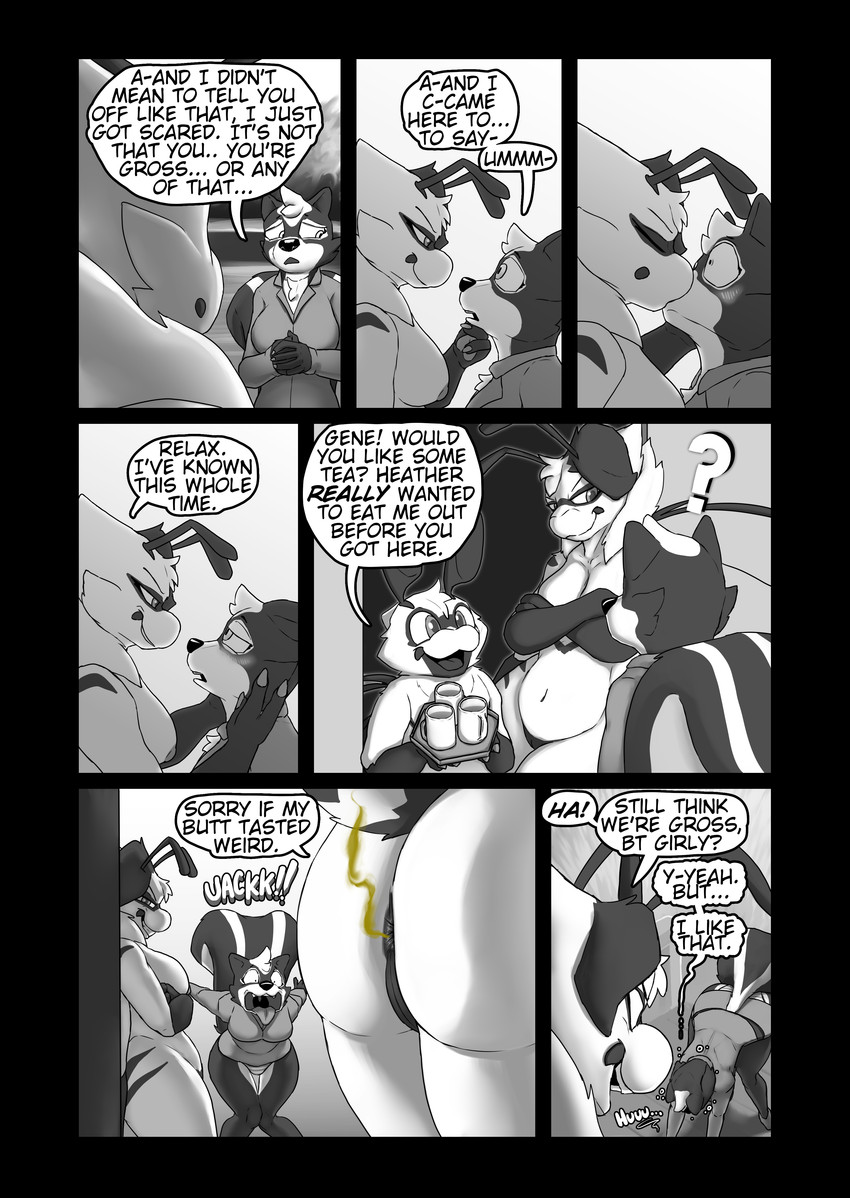2_fingers 3_fingers 4_arms 5_fingers antennae_(anatomy) anthro anus big_breasts big_butt blush blush_lines breasts business_attire business_suit businesswear butt claws clothed clothed_anthro clothed_female clothing container cup dialogue dom/sub dominant dominant_anthro dominant_female female female/female fingers fully_clothed fully_clothed_anthro fully_clothed_female gas gas_cloud gassy group kiss_on_lips male mug multi_arm multi_limb nails nipples nude nude_anthro nude_female nude_male short_male slightly_chubby slightly_chubby_female slightly_chubby_male smug smug_face smug_grin speech_bubble stinger stinger_tail submissive submissive_anthro submissive_female suit tail tall_female text trio soomir gene_(soomir) heather_(soomir) hectar_(soomir) arthropod bee hymenopteran insect mammal mephitid queen_bee skunk absurd_res black_and_white comic english_text hi_res monochrome