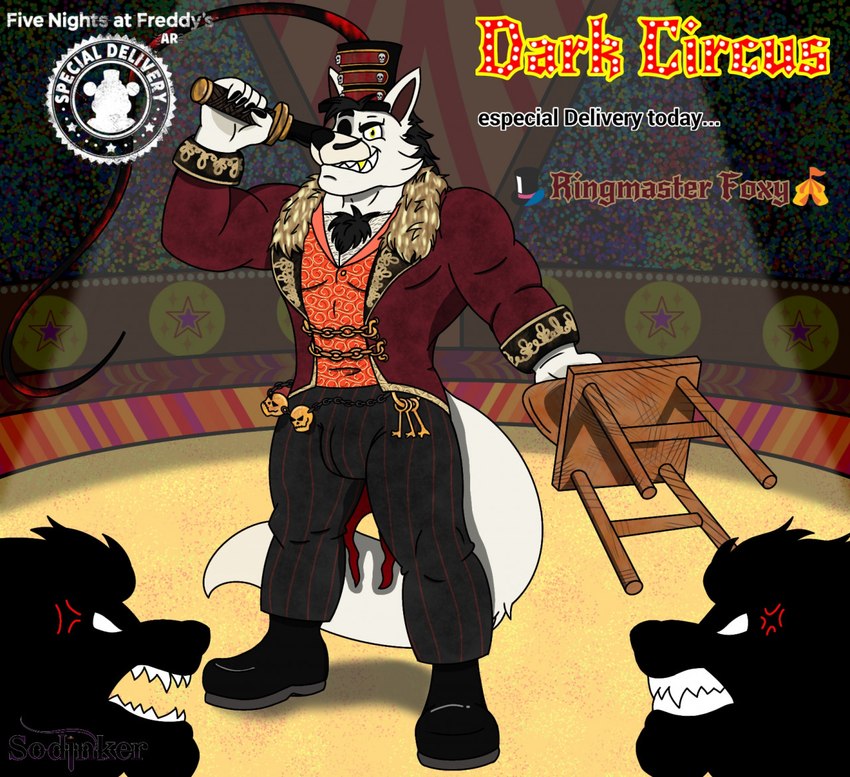 anthro anthrofied circus claws closed_smile clothing feral group hat headgear headwear looking_at_viewer male mouth_closed muscular muscular_male public ringmaster_outfit sharp_teeth smile stage stage_lights teeth whip sondinker_fazbear's five_nights_at_freddy's five_nights_at_freddy's_ar scott_cawthon scottgames foxy_(fnaf) ringmaster_foxy_(fnaf) canid canine felid fox humanoid lion mammal pantherine 2020