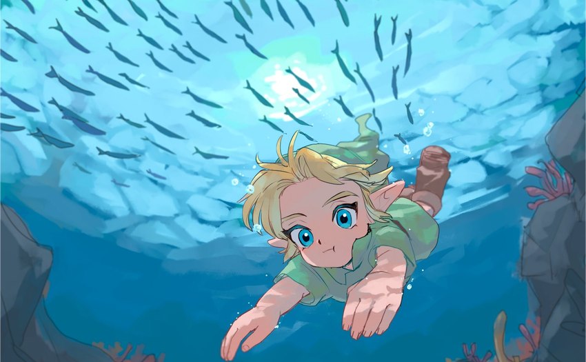 blonde_hair blue_eyes clothing hair hat headgear headwear humanoid_pointy_ears light_body light_skin male not_furry pointy_ears shirt swimming topwear tunic underwater water yamoooon21 nintendo ocarina_of_time the_legend_of_zelda young_link fish humanoid hylian marine