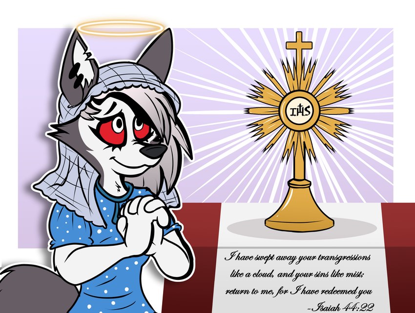 anthro bible_verse black_nose blue_clothing christianity christogram clothing covering covering_self cross ear_piercing ear_ring female fur grey_body grey_fur halo headscarf kneeling monsterance piercing praying red_sclera religion religious_symbol ring_piercing smile solo text white_body white_fur sketchymouse helluva_boss mythology loona_(helluva_boss) angel canid canid_demon canine demon hellhound mammal mythological_canine mythological_creature 2023 absurd_res digital_drawing_(artwork) digital_media_(artwork) english_text flat_colors hi_res