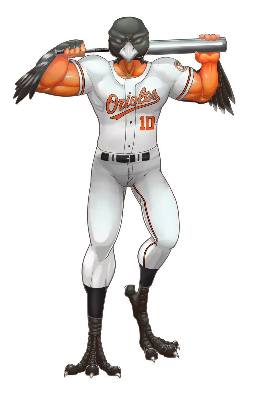 4_toes 5_fingers anisodactyl anthro avian_feet baseball_bat baseball_uniform bat_(object) beak belt biceps biped black_body black_feathers bottomwear bulge claws clothed clothing collarbone countershade_arms countershade_hands countershade_torso countershading feathers feet fingerless_(marking) fingers front_view frown fully_clothed green_sclera grey_beak holding_object humanoid_hands intense light looking_at_viewer male mascot multicolored_body multicolored_feathers muscular muscular_anthro muscular_male neck_muscles orange_body orange_countershading orange_feathers pants pecs raised_arm scutes shadow shirt simple_background solo sportswear standing stare talons text text_on_clothing text_on_shirt text_on_topwear toe_claws toes topwear triceps two_tone_body two_tone_feathers uniform white_background white_claws yellow_eyes lazpev baltimore_orioles_(mlb) mlb the_oriole_bird_(mascot) avian baltimore_oriole bird icterid new_world_oriole oscine passerine 2015 digital_drawing_(artwork) digital_media_(artwork) full-length_portrait hi_res lighting portrait